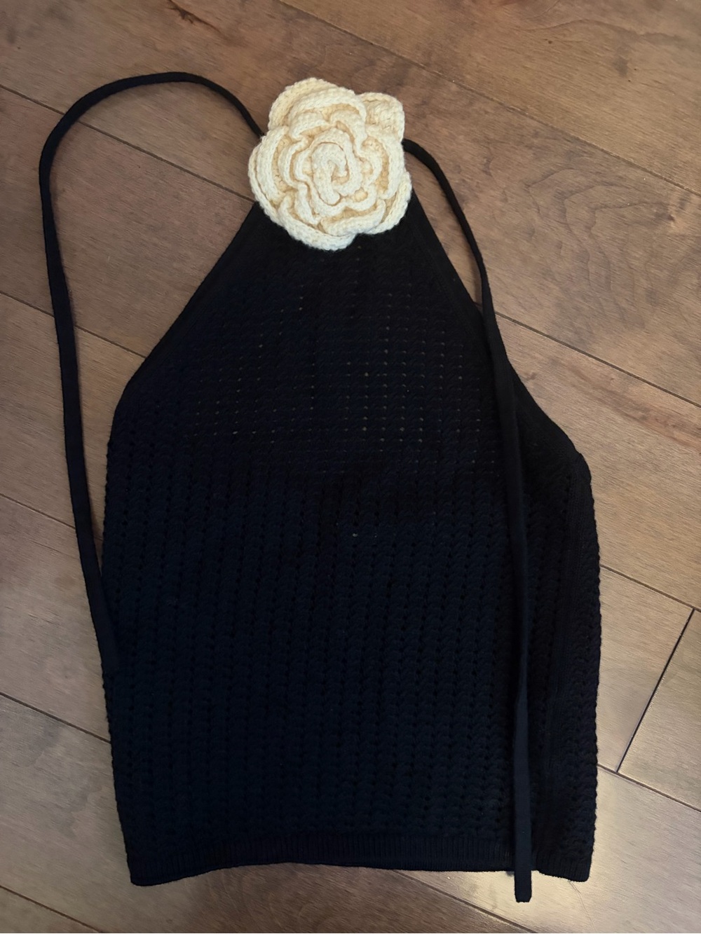Alice + Olivia Black Crochet Halter Top with Cream Flower